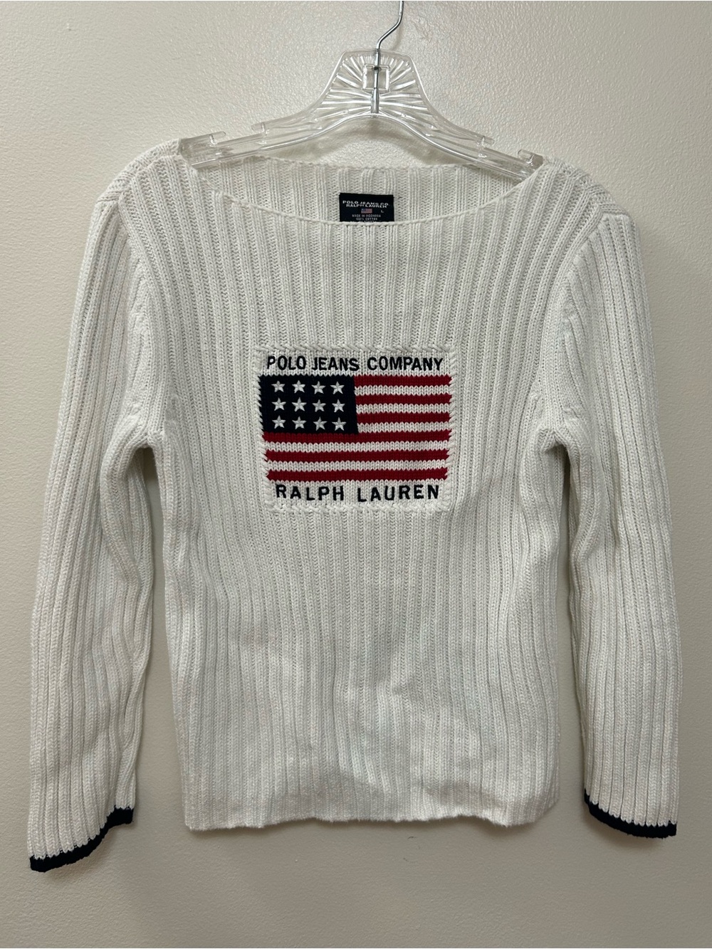 Polo Ralph Lauren White Ribbed Crewneck with Flag Embroidery 100% cotton (Size L